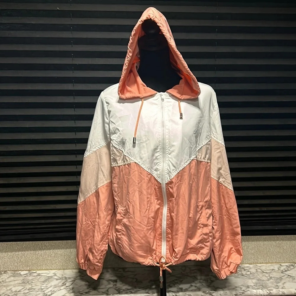 Love Tree Women’s Pink & White Lightweight Hooded Tie‎ Waist Wind Breaker Large